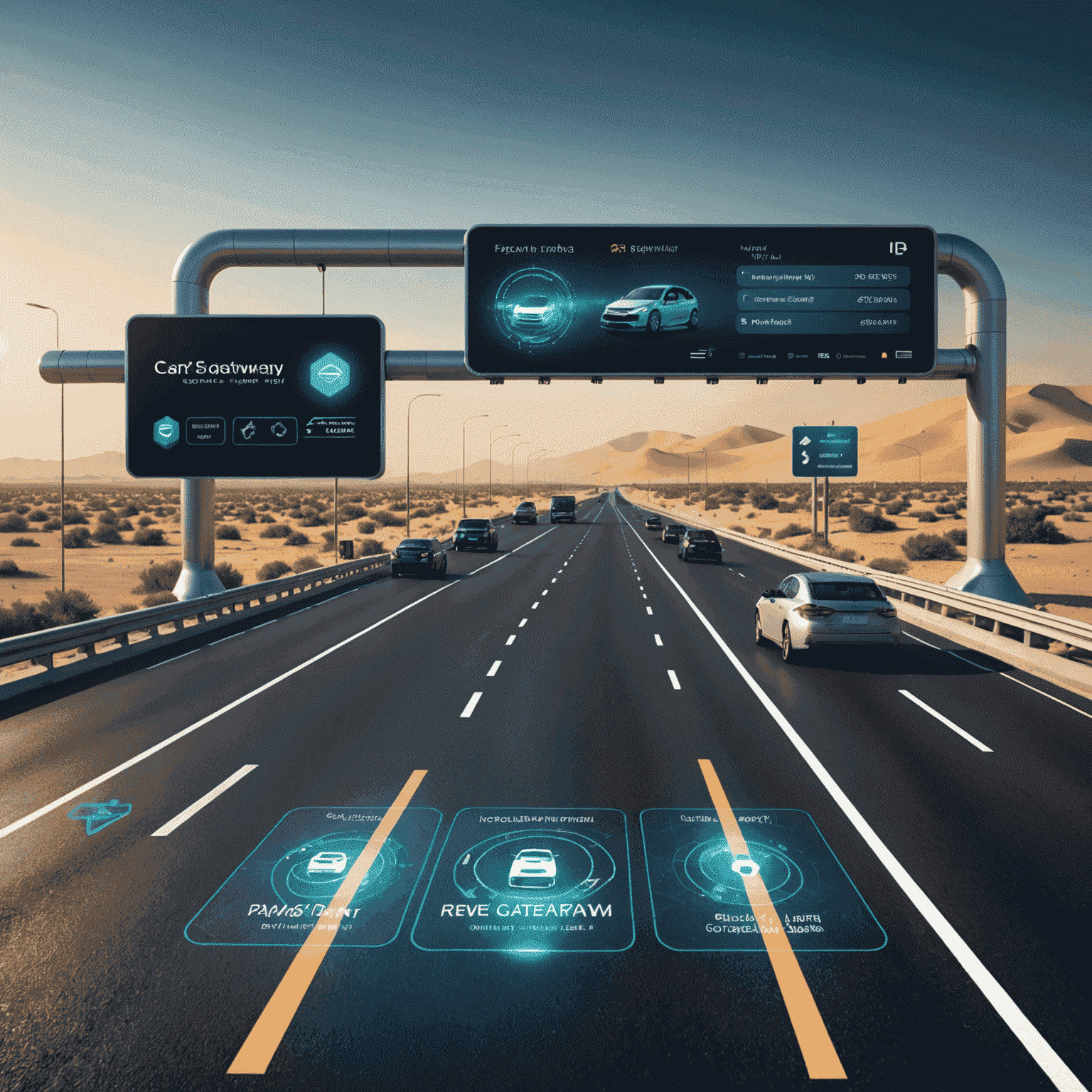 A futuristic digital interface showing a road with cars and a payment gateway overlay, representing the new digital payment system for road transport in UAE