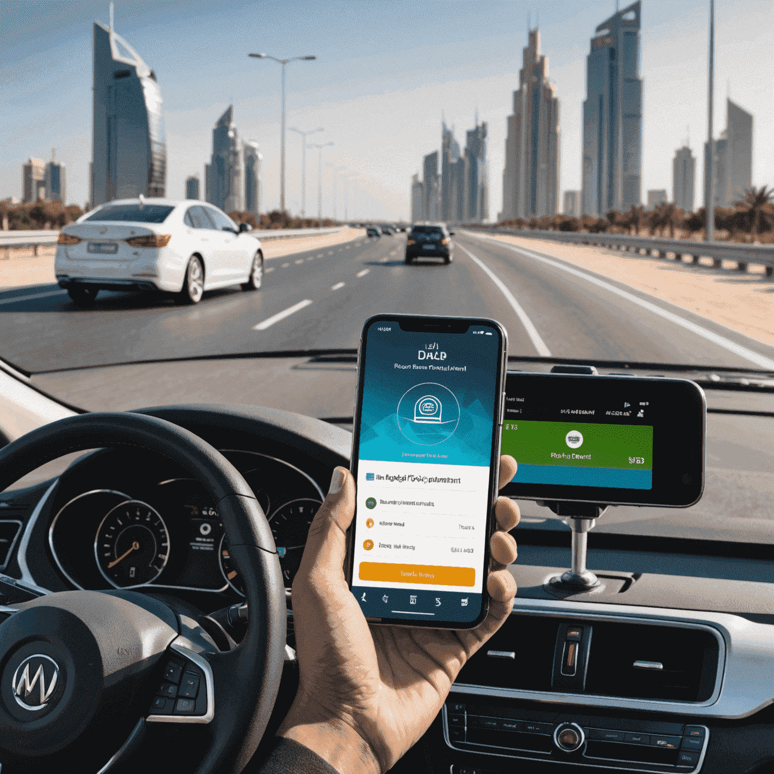 A modern smartphone displaying the new UAE digital payment system for road transport, with a car and a highway in the background