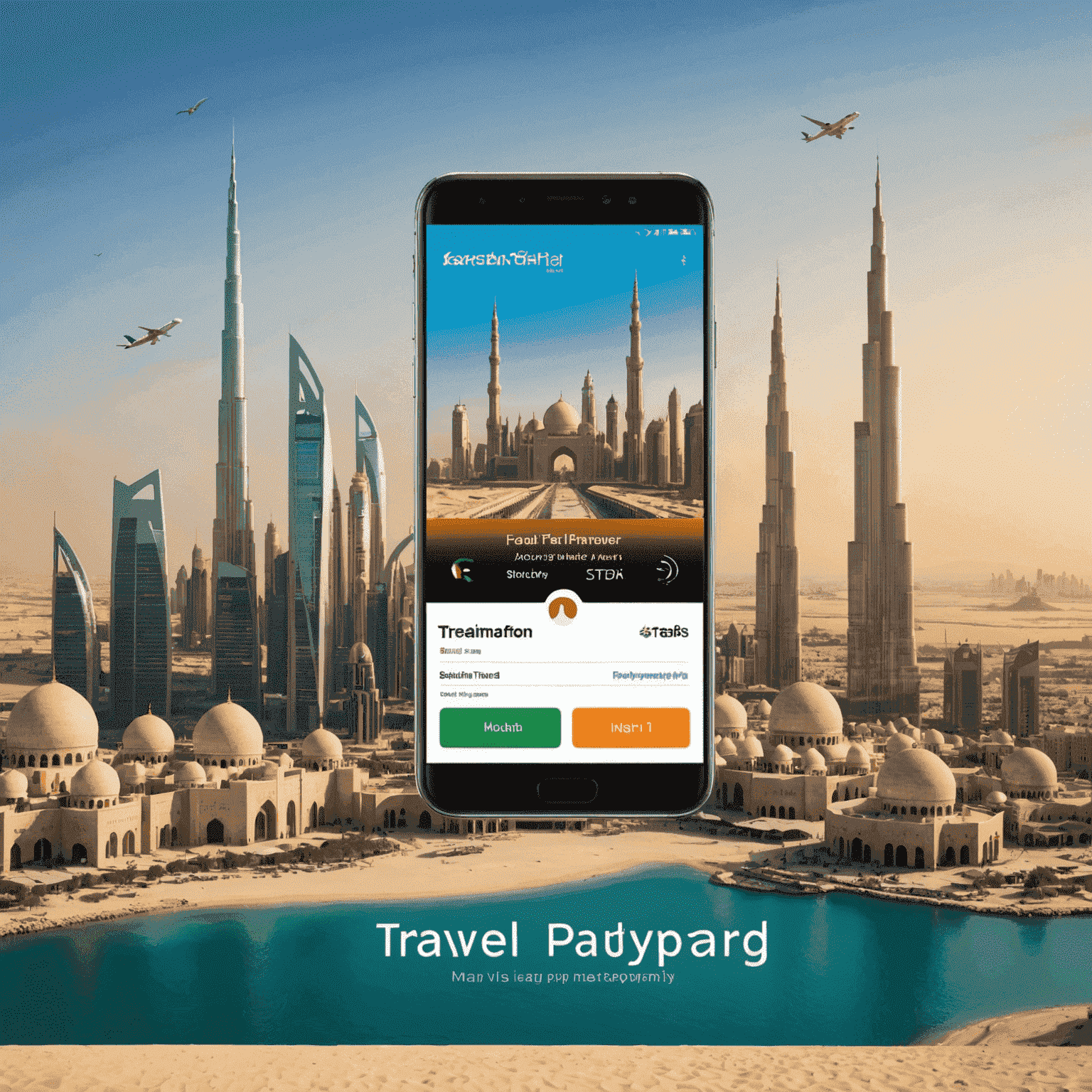 Smartphone displaying various travel payment apps with UAE landmarks in the background