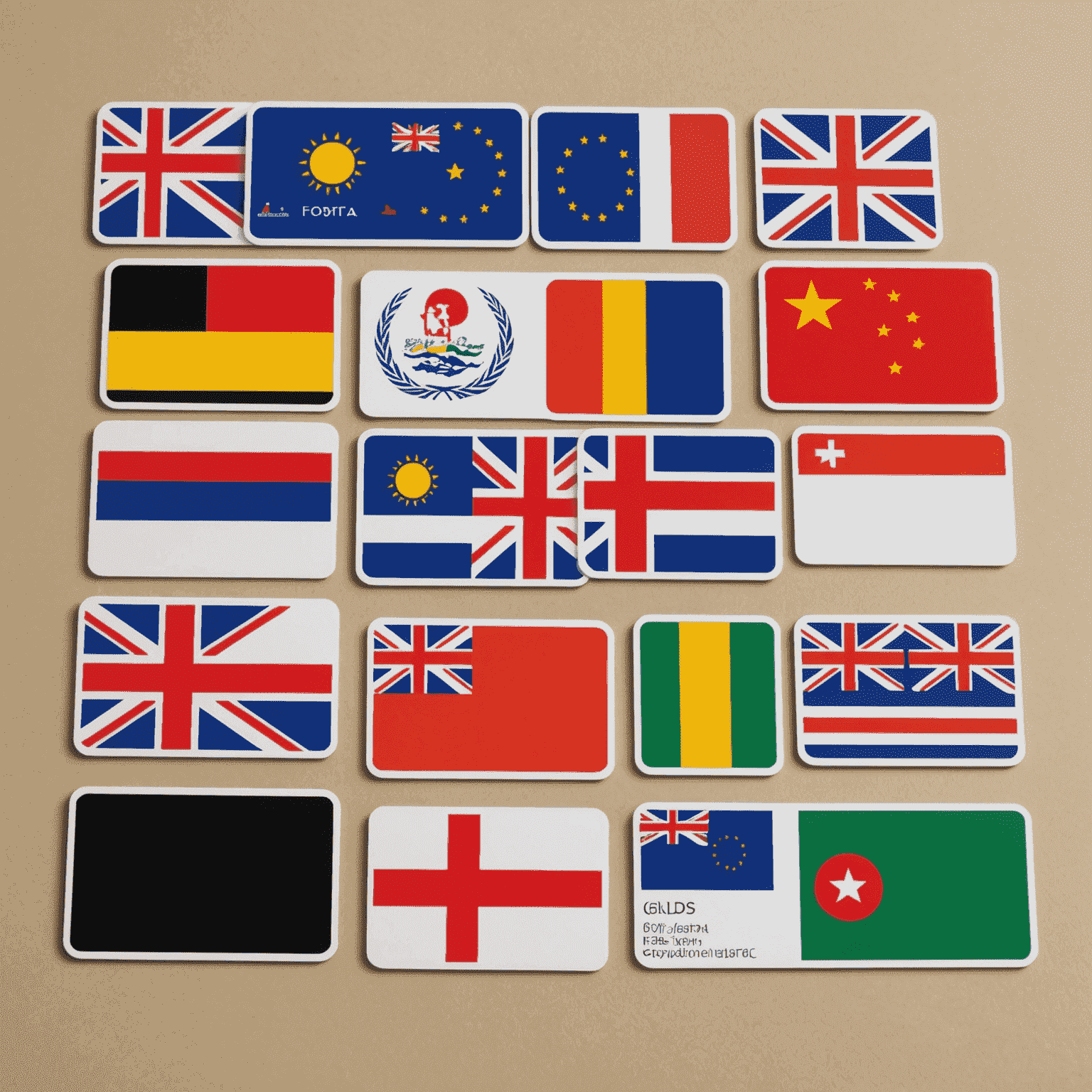 Various international calling cards displayed, showing different denominations and country flags