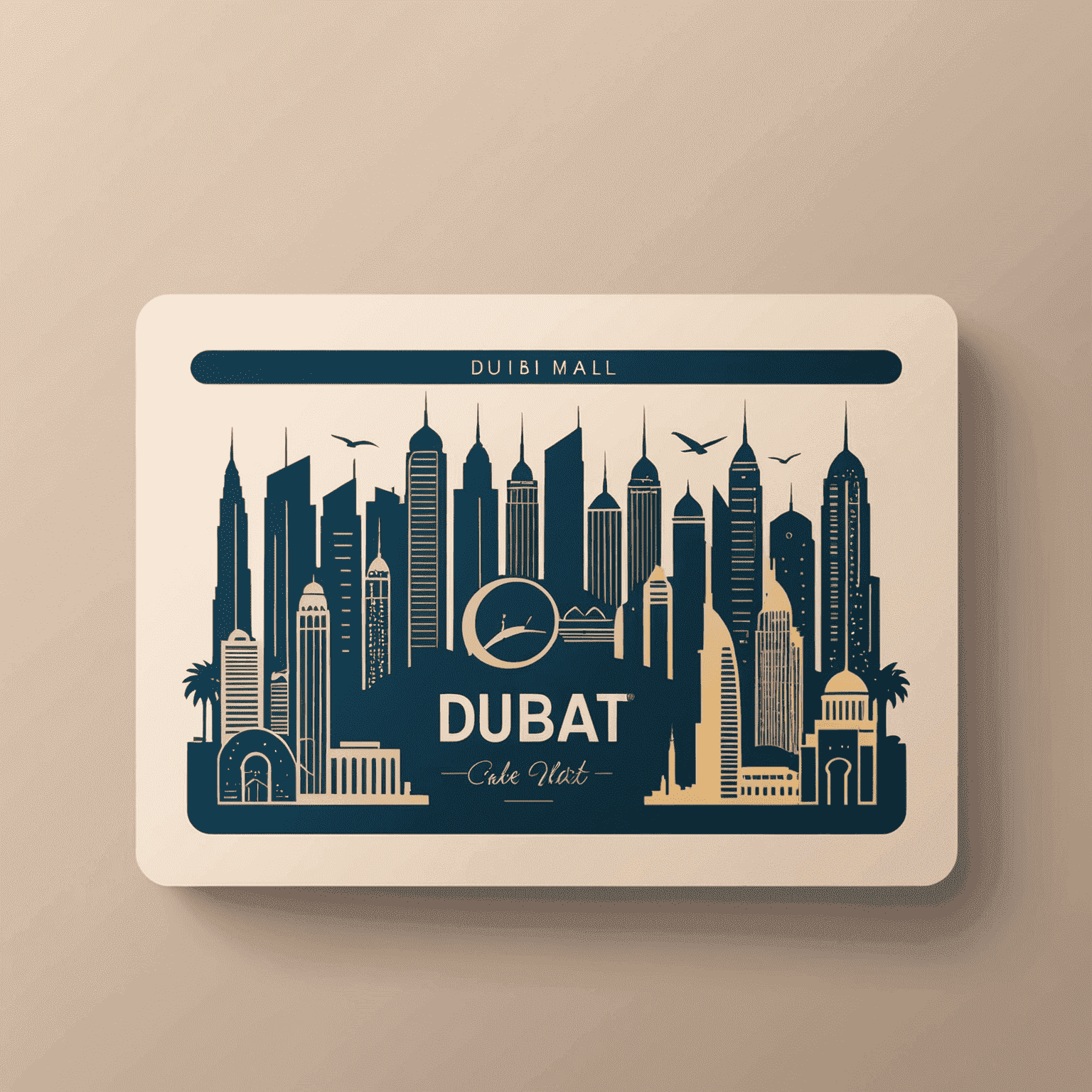 A digital gift card for popular UAE shopping malls, featuring iconic Dubai skyline and shopping bag icons