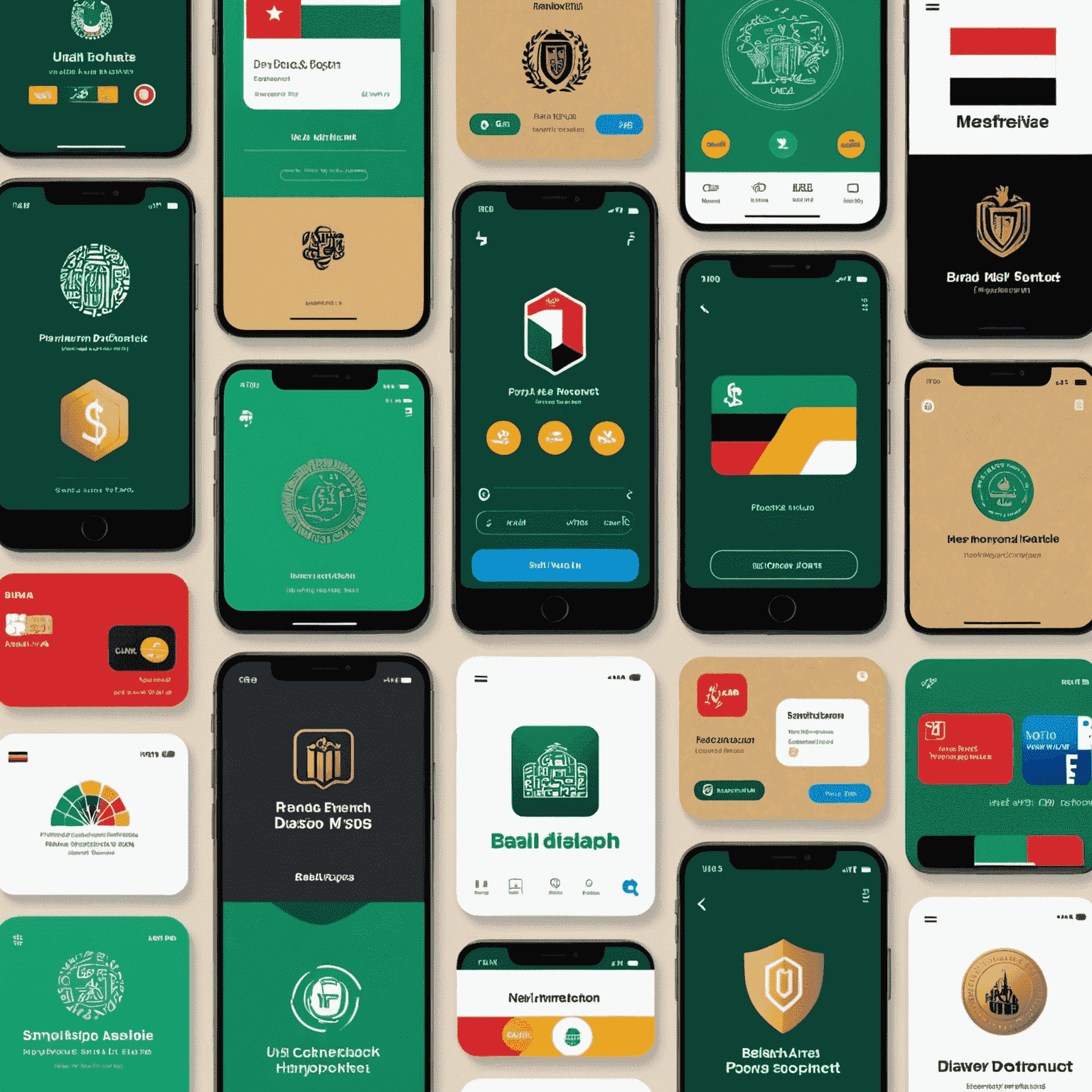 A collage of smartphone screens displaying various payment apps with UAE-themed icons and interfaces