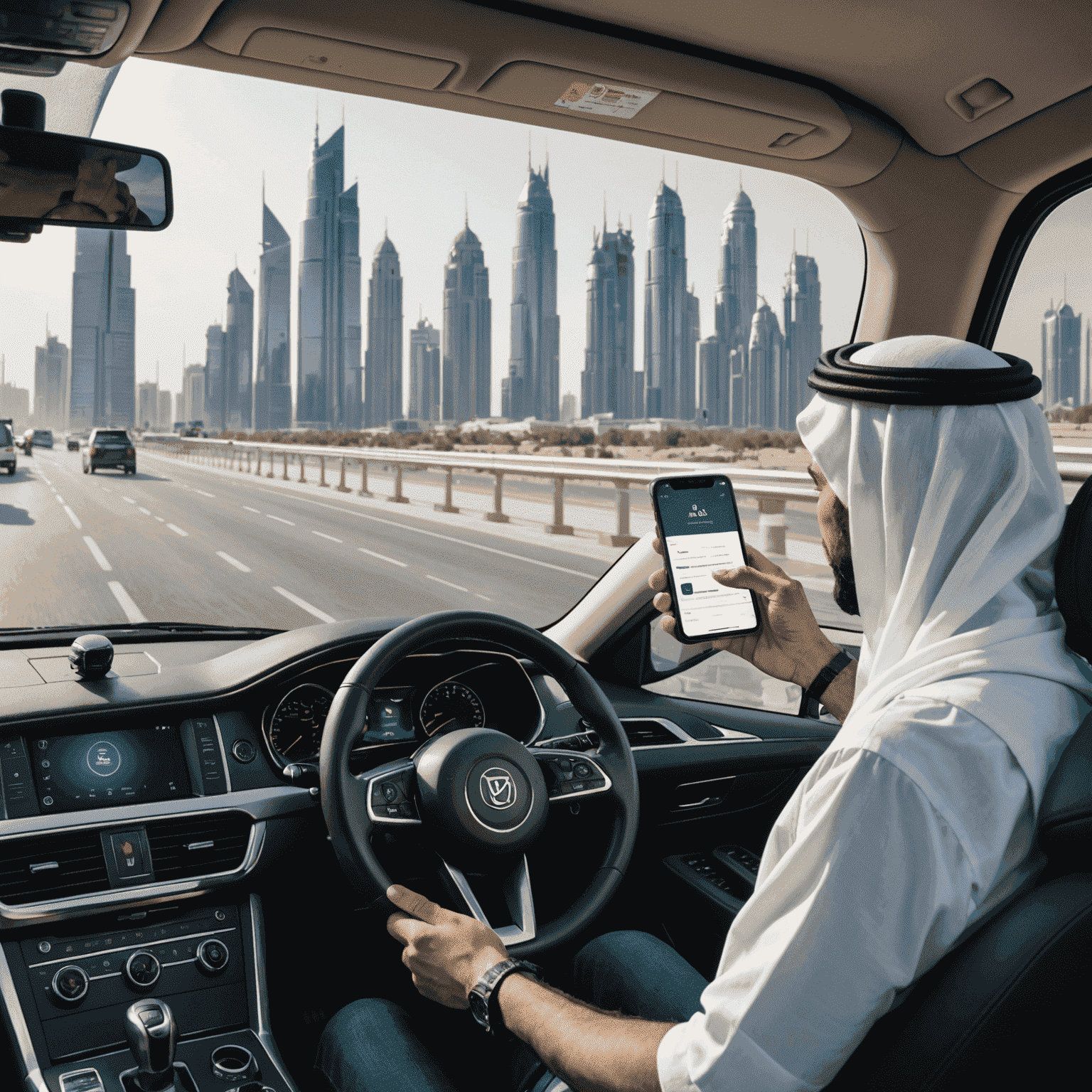 Person using a mobile app to top up their travel account while sitting in a moving vehicle with UAE cityscape visible through the window