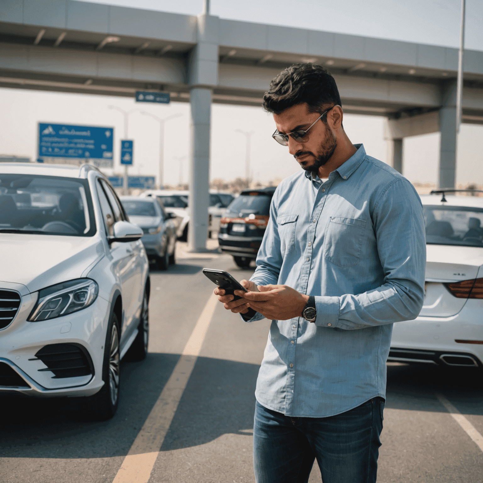 A person using a smartphone to top up their road transport account while standing next to their car on a UAE highway