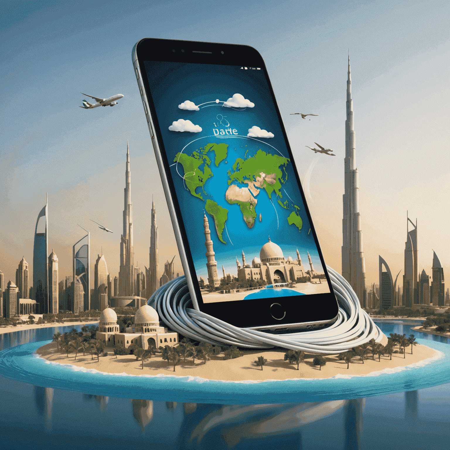 A 3D illustration of data packets flowing through a mobile device with UAE landmarks in the background