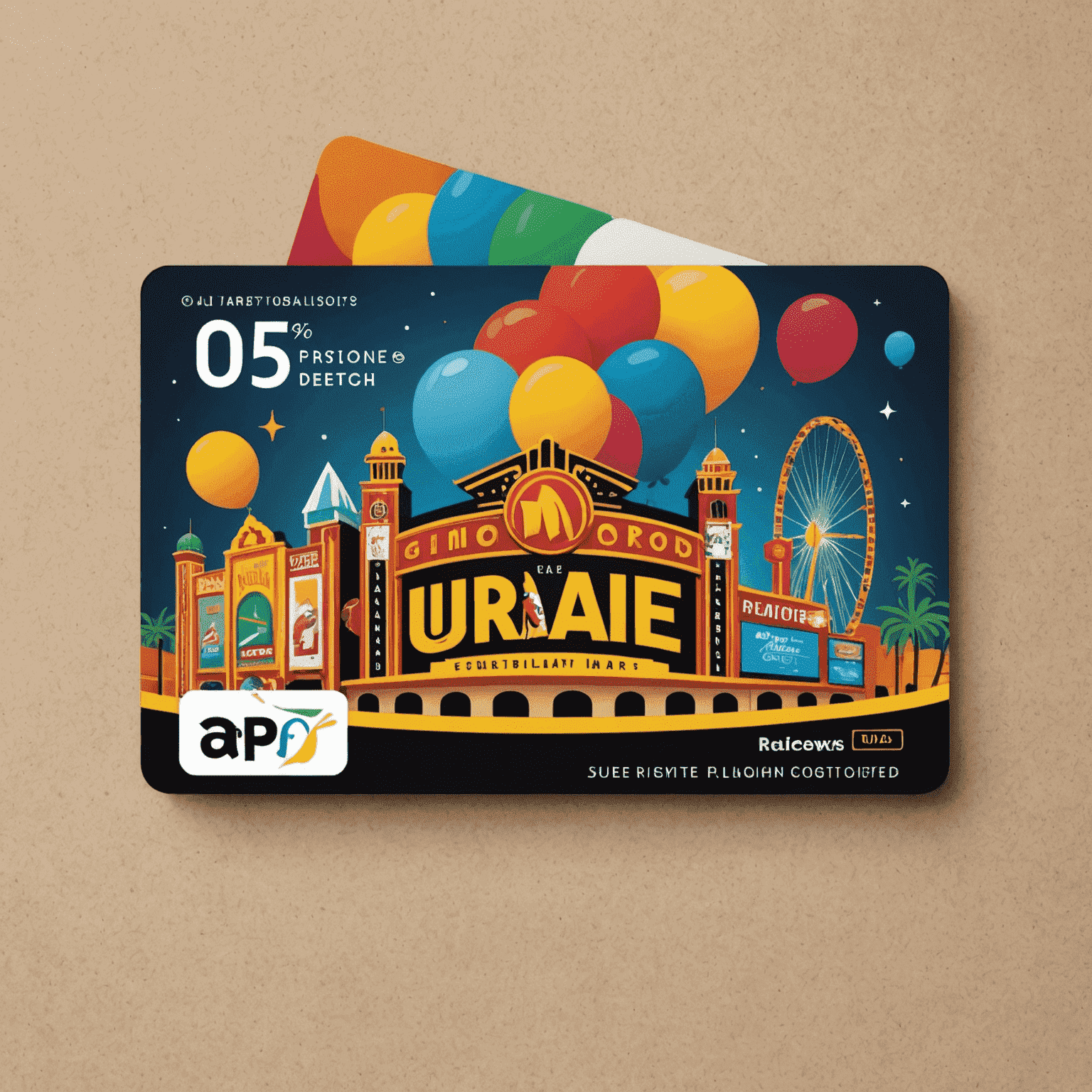 A digital gift card for UAE entertainment venues, featuring cinema, theme park, and concert icons