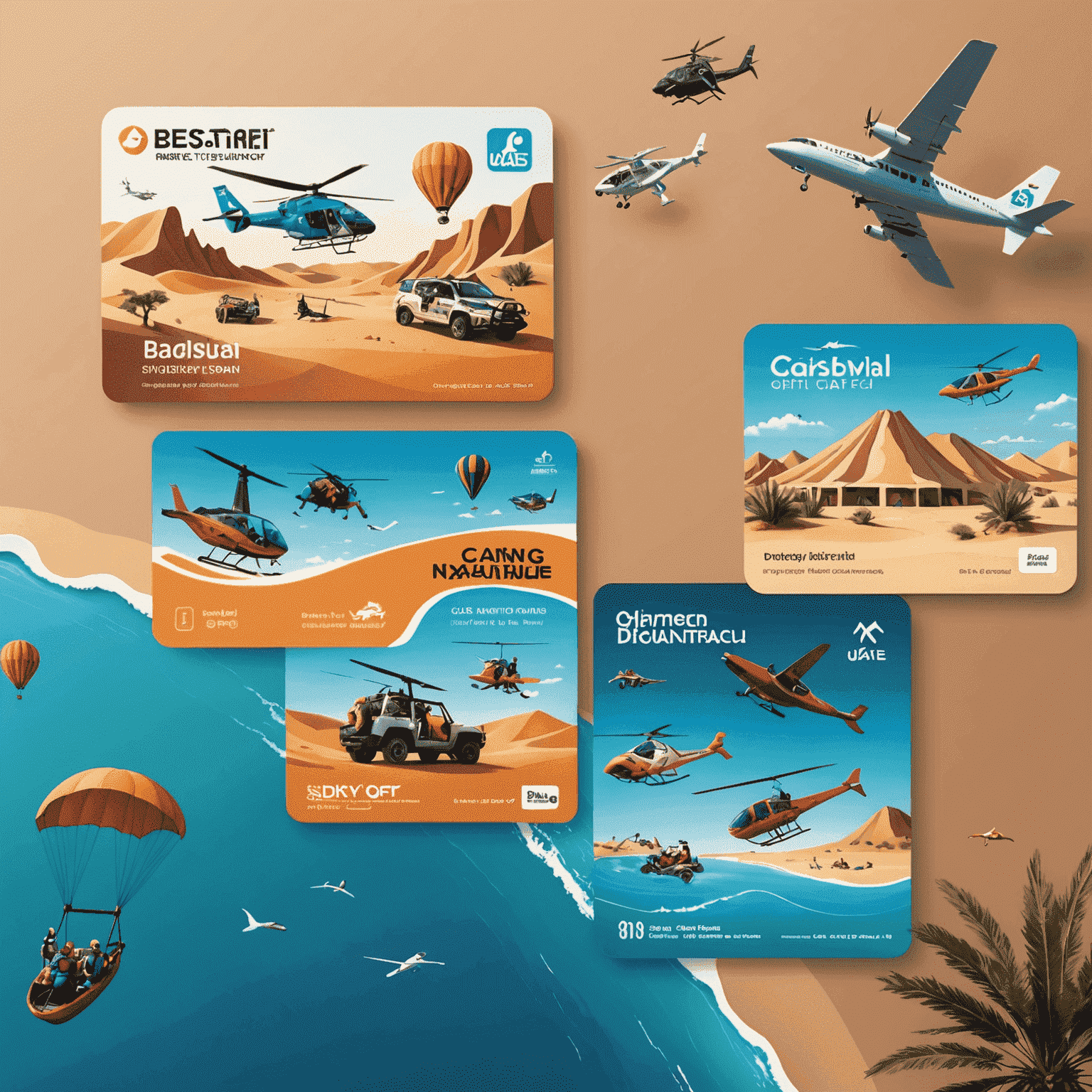 A digital gift card for UAE adventure activities, featuring desert safari, skydiving, and water sports icons